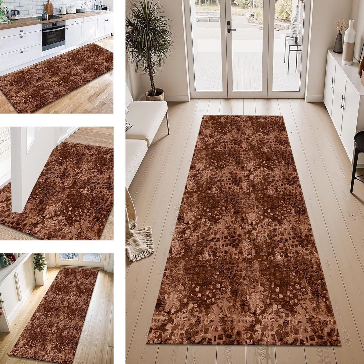 Bruine wasbare polyester keukenloper met antislip voor de woonkamer, hal of slaapkamer, 50 x 200 cm