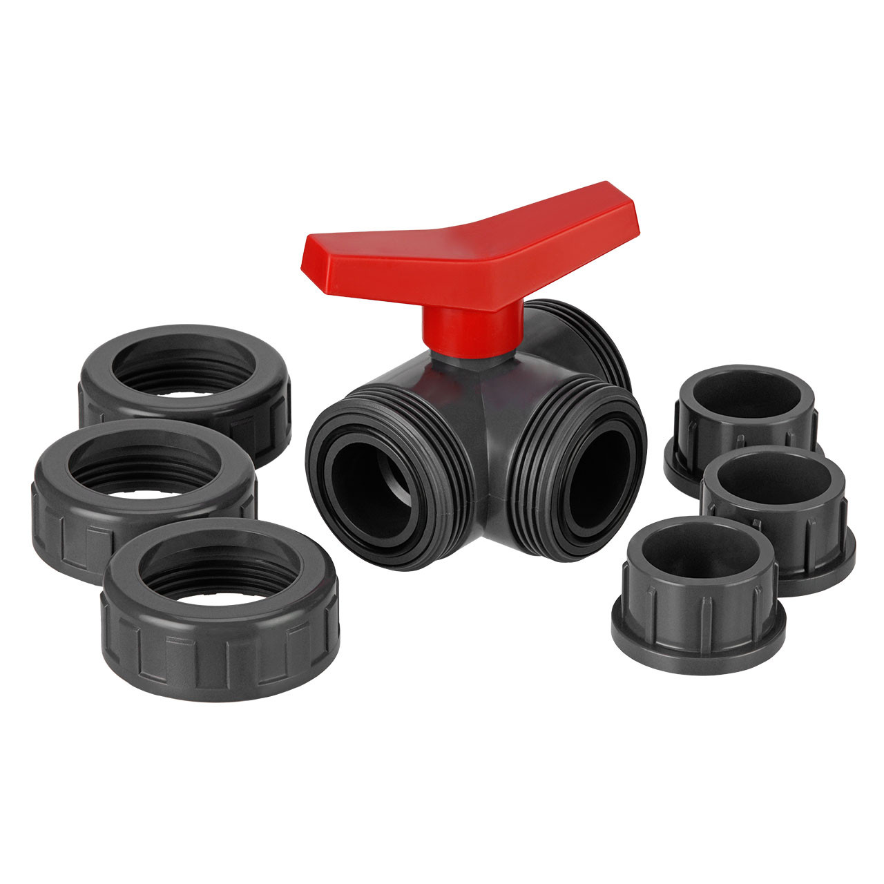 REKUBIK PVC-U 3-Wege-Kugelhahn T-Bohrung 3x Klebemuffe 32mm x 32mm x 32mm 2510032