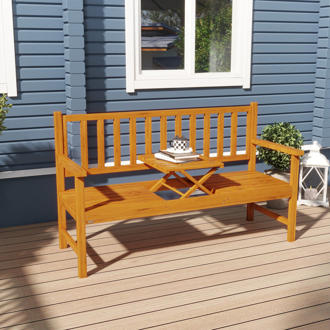 ClassicLiving Netherby 153cm Patio Wood Bench with Liftable Middle Table for Porch Brown Brown 91cm H X 153cm W X 56cm D