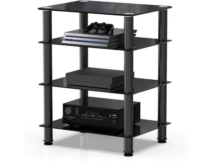 FITUEYES Meuble HIFI à 4 Etagères en Verre Trempé et Aluminium Meuble Audio/Vidéo Capacité de Charge Max. 40KG Structure Solide
