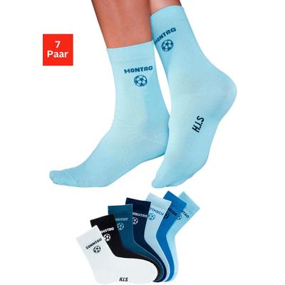 Socken H.I.S "Fußballsocken, Lustige bunte Kindersocken", Mädchen, Gr. 27-30, bunt (bunt, blau), Baumwolle, Baumwollmischung, Elasthan, Polyamid, uni und gemustert, elastisch, Socken Socken, mit Wochentagen und Fußballmotiv