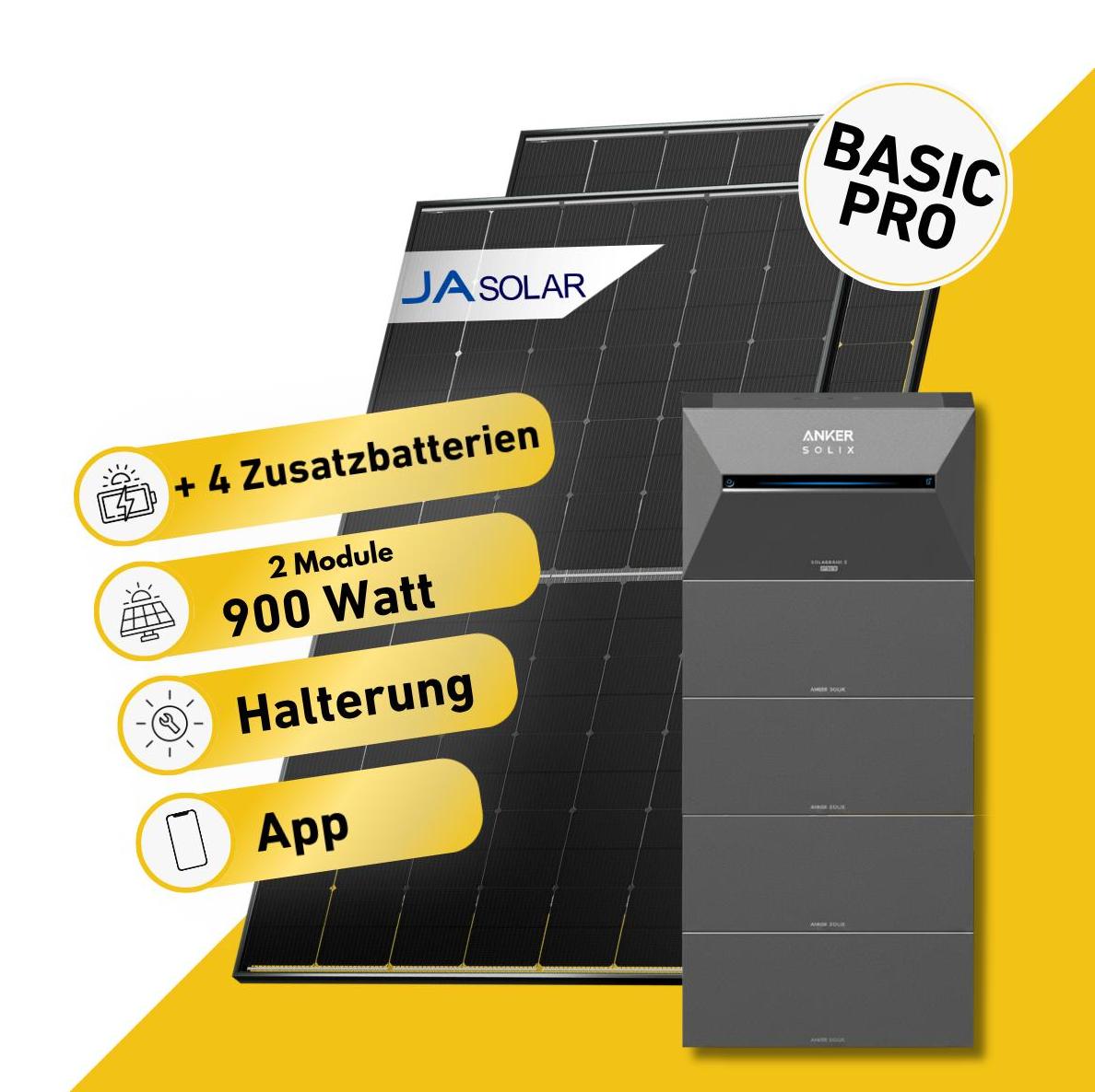 Balkonstrom Balkonkraftwerk 910W mit Speicher | 4xZusatzspeicher | Garten/Flachdachhalterung | 2xSolarmodul Bifazial | Anker Solix 3 Pro