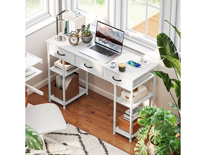 HOMCOM Bureau Blanc 120cm avec Rangement, Tiroirs et Étagères