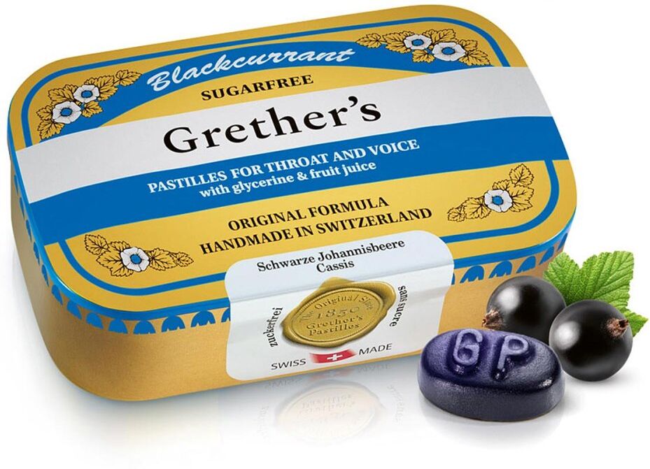 Grethers Blackcurrant Silber zuckerfrei Pastillen Dose 110g