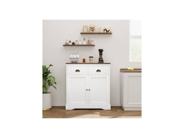LUNSY Buffet - meuble décoratif d'entrée en MDF - 2 tiroirs et 2 portes - Blanc et plateau marron