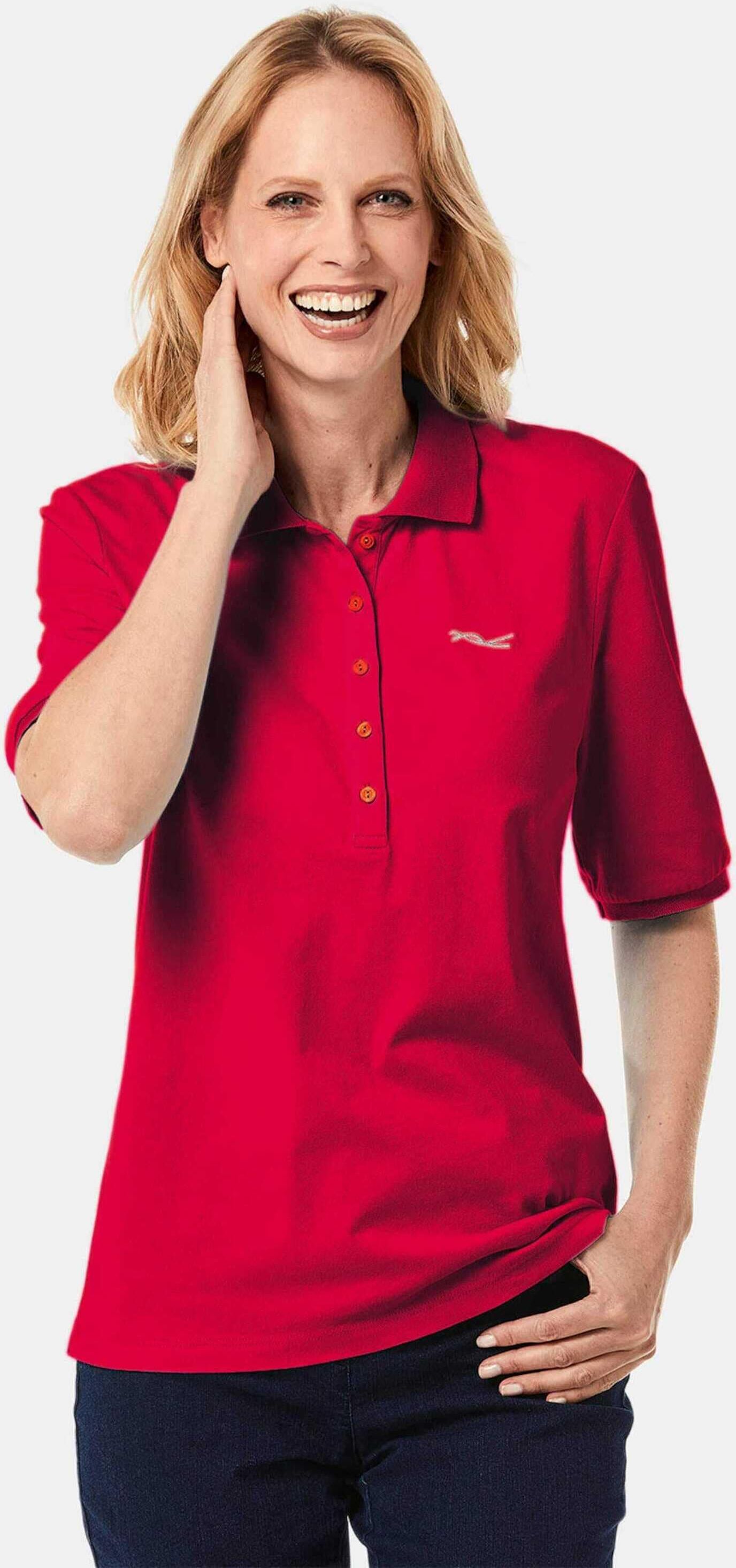 Poloshirt GOLDNER "Kurzgröße Baumwollshirt mit Glitzerstickerei", Damen, Gr. 24, rot (mohnrot), Obermaterial: 94% Baumwolle CO. 6% Elasthan EL., Rippe, Shirts Poloshirt, Ohne