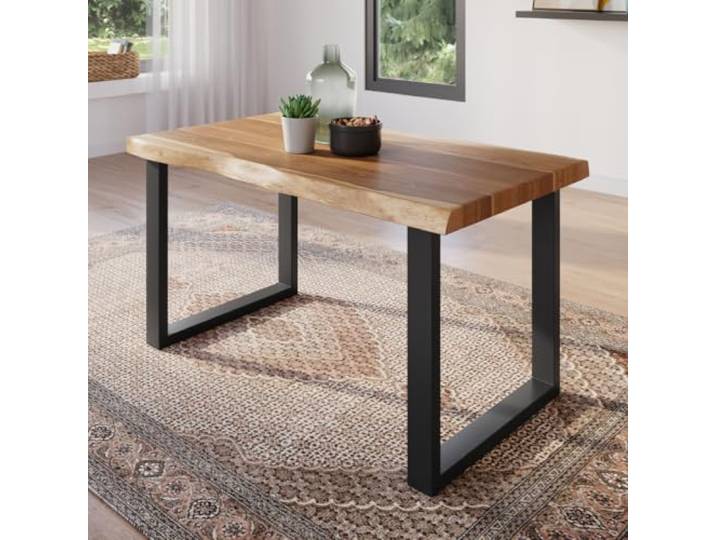 trelevo Esszimmertisch 120x80 cm Akazie naturfarben U-Gestell Baumkante Akazienholz massiv, Tischplatte, schwarz, Baumkantentisch