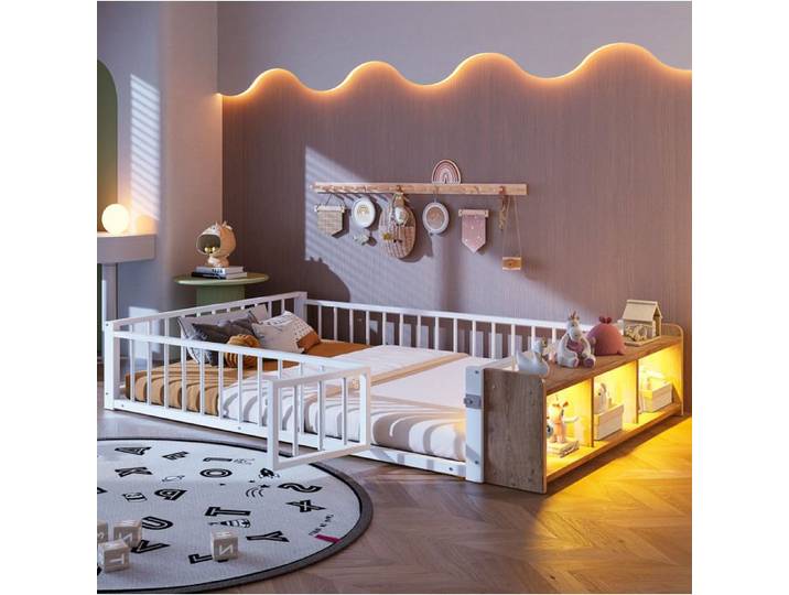 VUENOR Lit enfant 140x200 cm blanc – barrière de sécurité rangement ouvert sans matelas