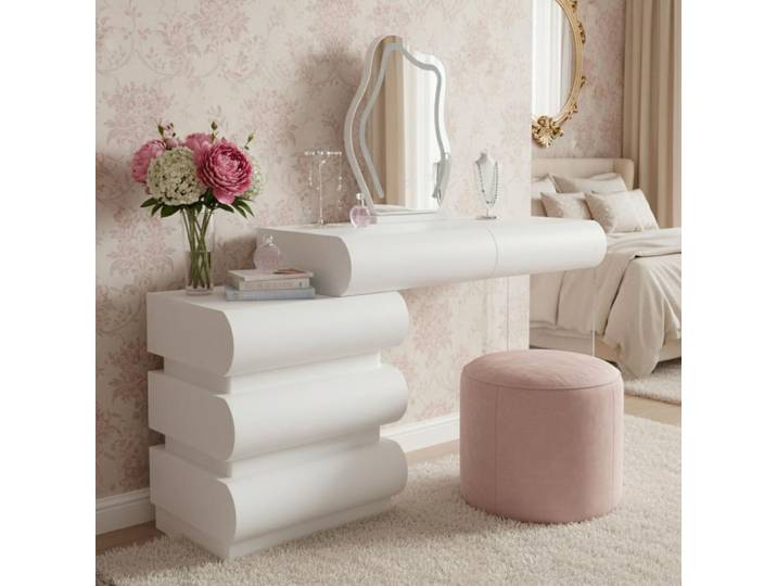 Coiffeuse extensible 101-140cm avec 5 tiroirs arrondis et miroir