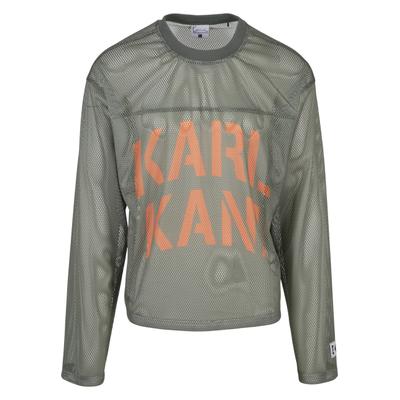Langarmshirt KARL KANI "Karl Kani Stencil Mesh Boxy Longsleeve", Herren, Gr. S, grün (light olive), 100% Polyester, bedruckt, normal, Rundhals, Shirts Langarmshirt
