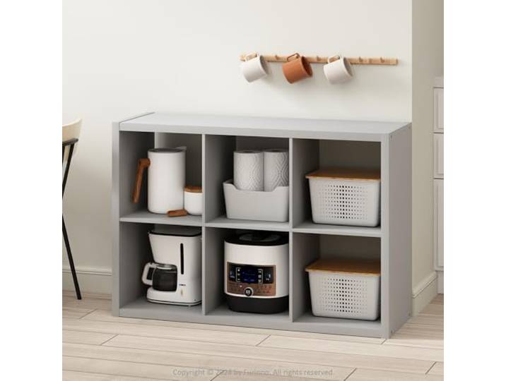Furinno HERMITE Kücheninsel, 6-Würfel Kaffeebar, Küchenspeicher, Bäckerregal, für Vorratsorganizer und Aufbewahrung, Küchenorganisation, Hellgrau