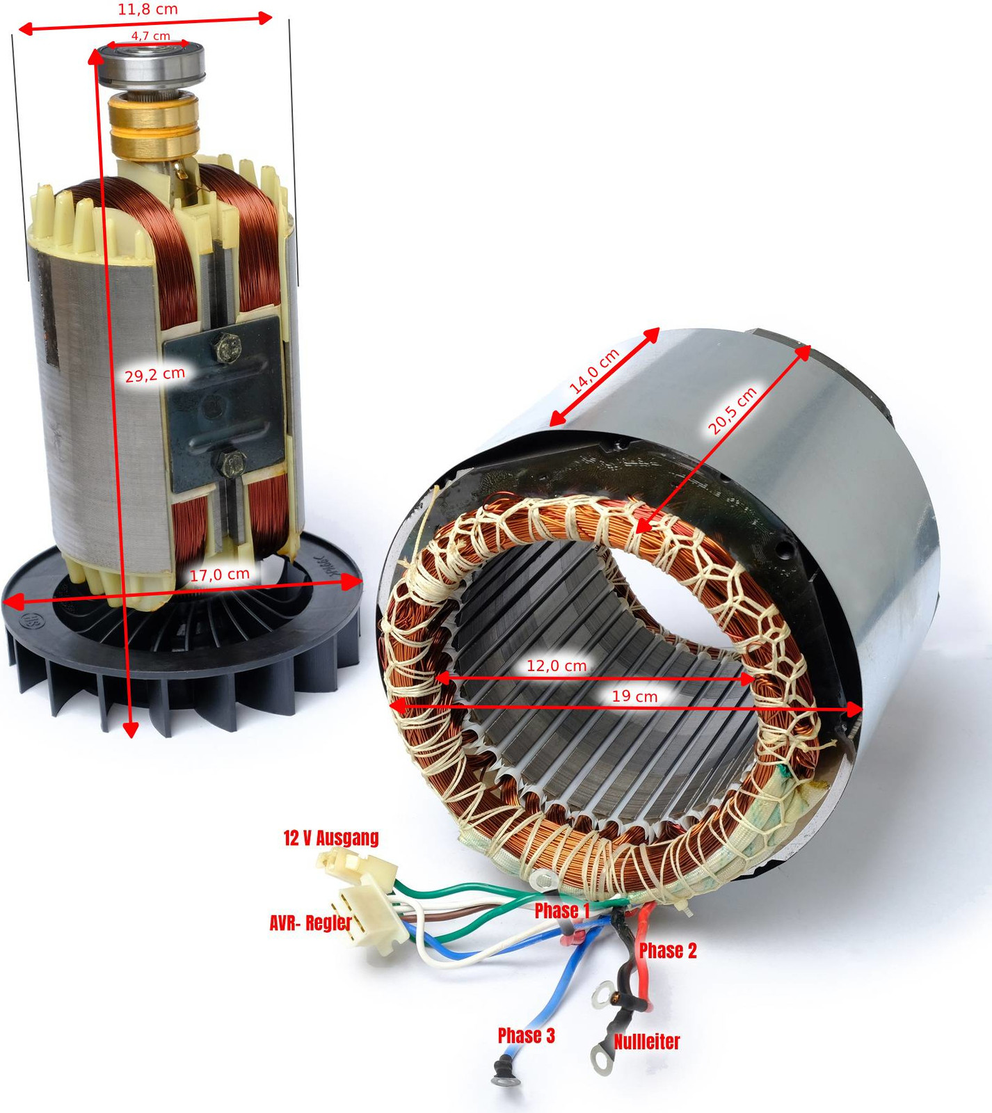 DeTec Spoel, elektromagneet, stator en rotor voor een 13 pk, 3-fas stroomgenerator