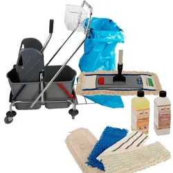 Axis Line Wischmop Komplettset mit Doppelfahreimer Chrom 2x17 Liter mit Müllsackhalter und Ersatzmöppe und 2 x Profi Reinigungsmittel 40 cm breite