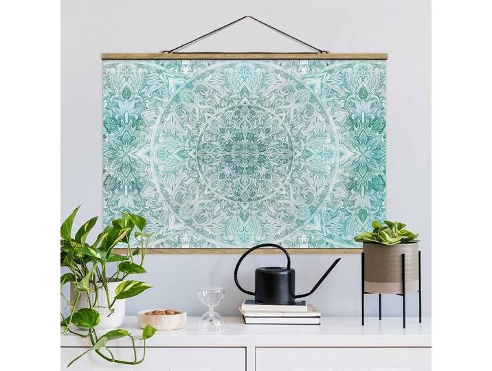 Tableau déco Mandala Aquarelle Tissu Turquoise 50 x 34cm