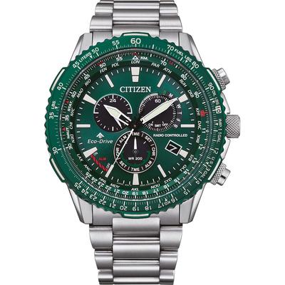Funkchronograph CITIZEN "Promaster Sky", silber (silberfarben, dunkelgrün, dunkelgrün), Armbanduhren, Herren, silberfarben, Armbanduhr, Herrenuhr, Solar, Stoppfunktion, bis 20 bar wasserdicht