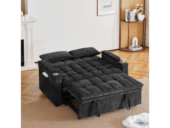 Canapé Lit Convertible 142 cm 3 en 1 Banquette Lit d'Appoint avec Rangements et Porte-Gobelets pour Studio Salon