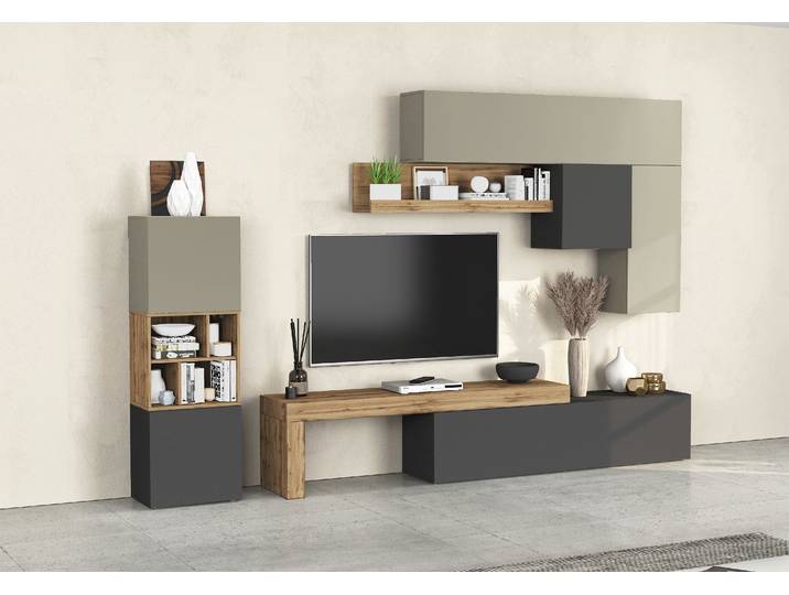 Wohnwand INOSIGN, Holzwerkstoff, Anthrazit/Taube/Eiche Wotan, 320 cm, 8-teilig, Modern