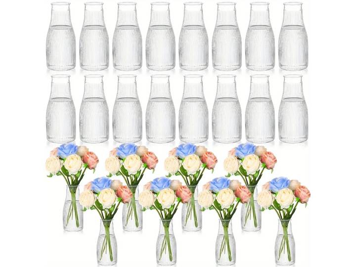 Lot de 16 vases transparents à motif vertical de 20 cm de hauteur, vases décoratifs esthétiques, artisanat pour arrangements floraux DIY