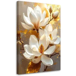 BILD auf Leinwand, Weiße Magnolien mit goldenen Akzenten auf einem warmen Hintergrund