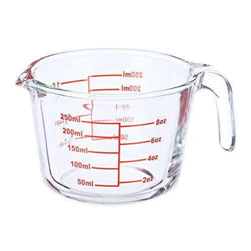 Relaxdays Maatbeker van glas, 250 ml, transparant en rood