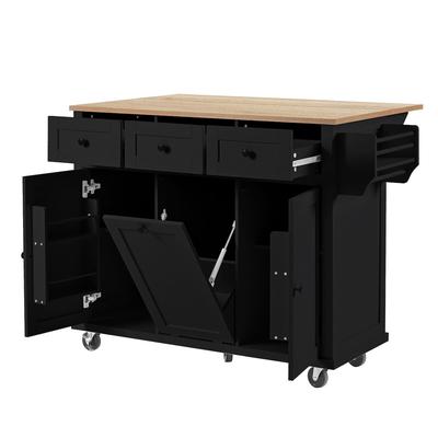 OKWISH Kücheninsel MDF Schwarz/Natur 112x46,2x92,7 cm, ausziehbare klappbare Arbeitsplatte, Rollen, Mülleimerfach