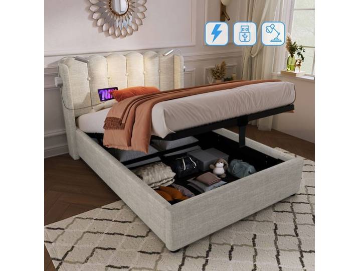 Lit coffre simple - MERAX - 90x200 cm - Tête de lit avec lampe orientable & USB - Cadre métal