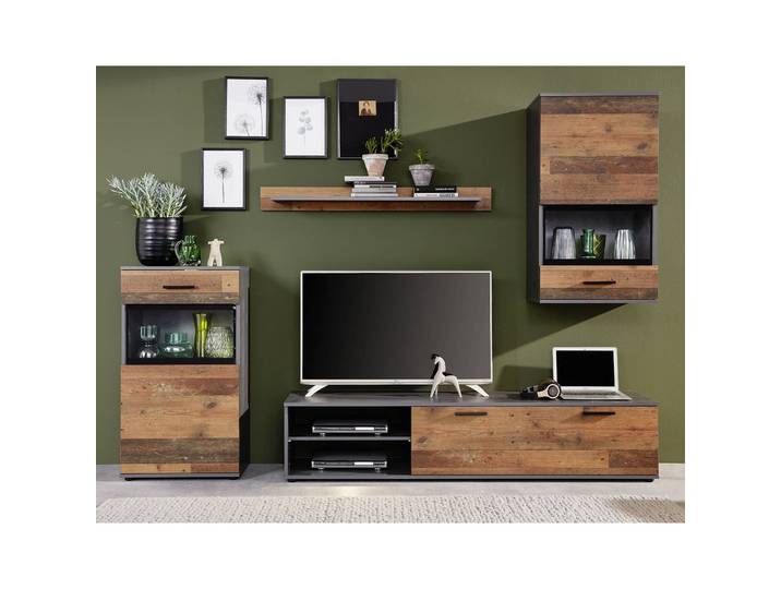 Wohnwand Mango 4-teilig HDF Hochdichte Holzfaserplatte , foliert Braun 246 x 182 x 37cm