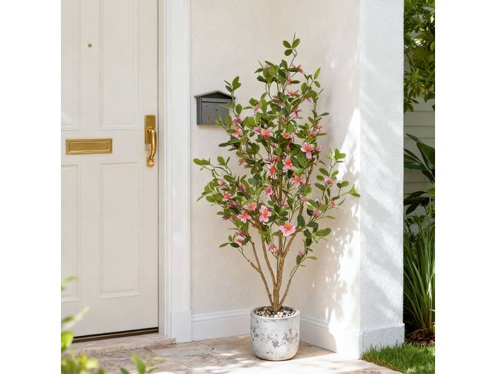 Lot de 2 arbres artificiels en Pot de 120cm, fleurs artificielles pour l'extérieur et l'intérieur, grandes fleurs fausses myrtle, décoration de fausses plantes