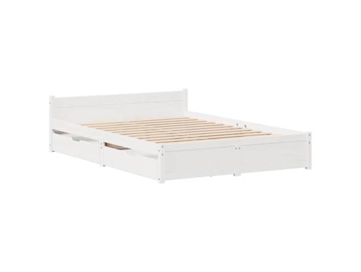 KTHLBRH Bett weiß 140 x 200 cm Massivholz Kiefer Mit 2 Schubladen, Rollen, Kopfteil, Lattenrost, ohne Matratze