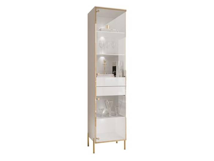 Lookway Vitrine Aurora mit LED Weiß Hochglanz mit Glasfront, Golddekor, Schubladen & Regale, Hängend oder Stehend, Modernes Design & Luxus (gerade Gold Chrom Beine)