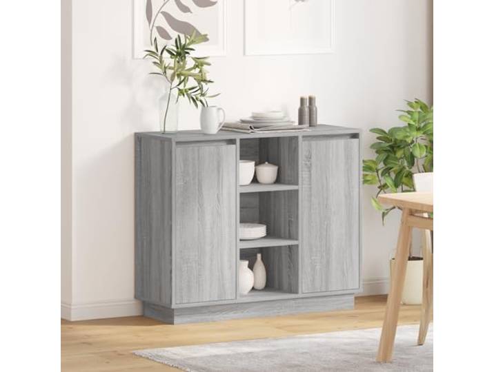 HEFZGDB Sideboard mit LED Grau Sonoma 90x32x75 cm Holzwerkstoff mit DREI Regalen und Scharniertüren für Moderne Einrichtung