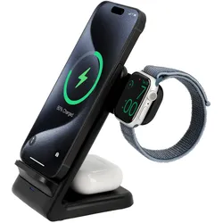 Cazy 3 in 1 Wireless Charger Stand, USB-C, LED-Licht, Schnellladung, Geeignet für Qi-Geräte (15 W), Wireless Charger, Schwarz