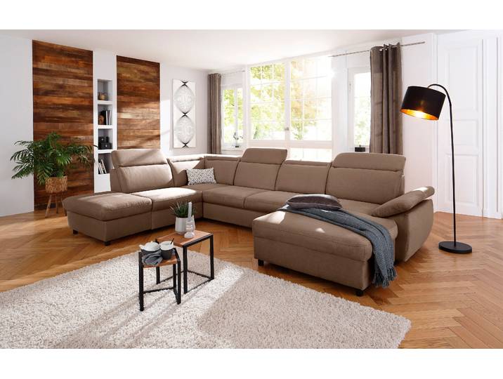 Wohnlandschaft, Strukturfein, Braun, 354×232 cm, Bettfunktion & Bettkasten, Modern, Home-affaire