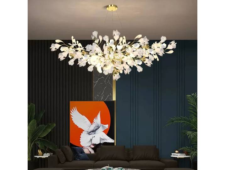 Lustre de luxe en céramique avec Branches d'or, lustre Gingko pour salon, chambre à coucher, décor d'hôtel, lampe LED suspendue en feuilles d'arbre