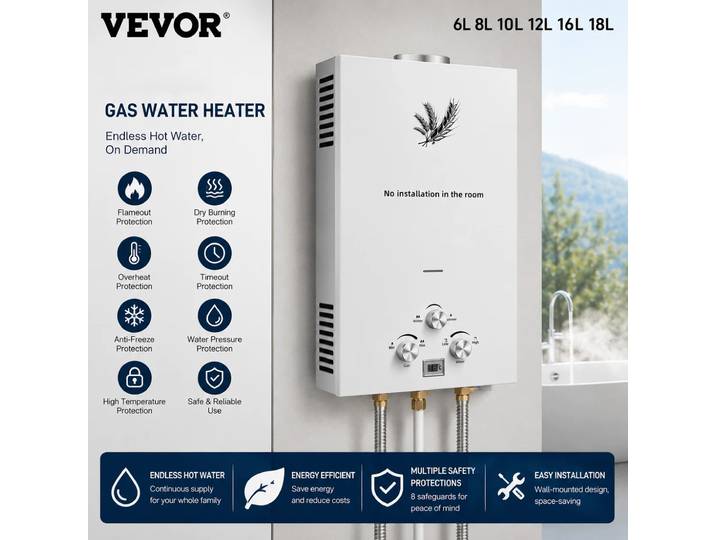 Chauffe-eau au gaz de pétrole liquéfié VEVOR 6L 8L 10L 12L 16L 18L, propane butane, blanc