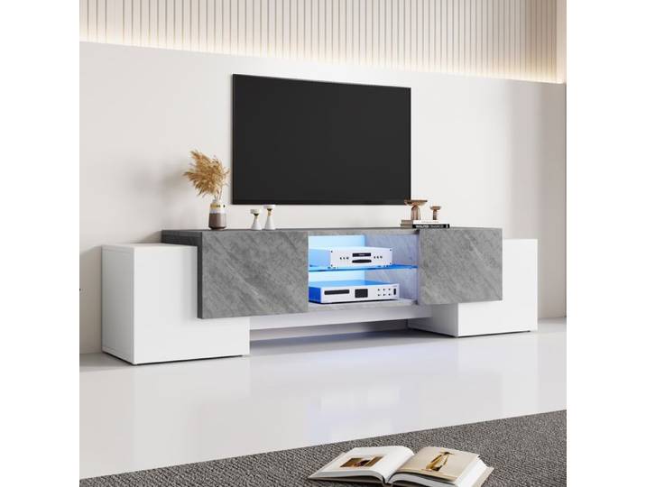 Meuble TV - Nalookamic - Blanc et Gris - 180x40x46 5 cm - Séparateur en Verre Trempé - Design à Trois Niveaux