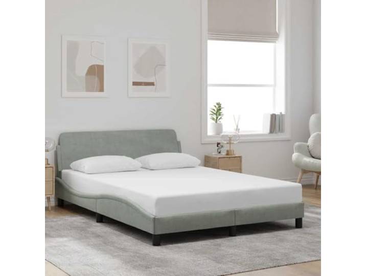 Samt Bettgestell mit Kopfteil stabil Stützbeine Sperrholzlatten Dover Grau Bettgestell Dover mit Kopfteil Hellgrau Samt 140x200 cm Metall Kiefernholz Stabil Modern