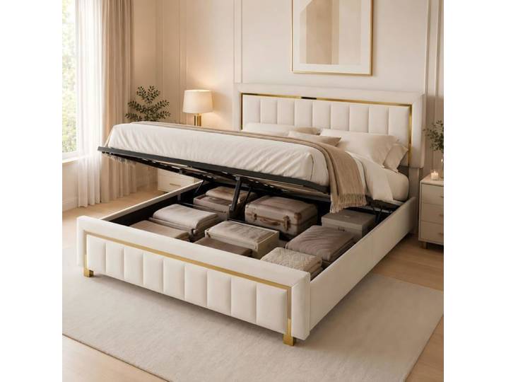 Lit coffre 160x200 cm lit adulte capitonné design moderne - velours beige