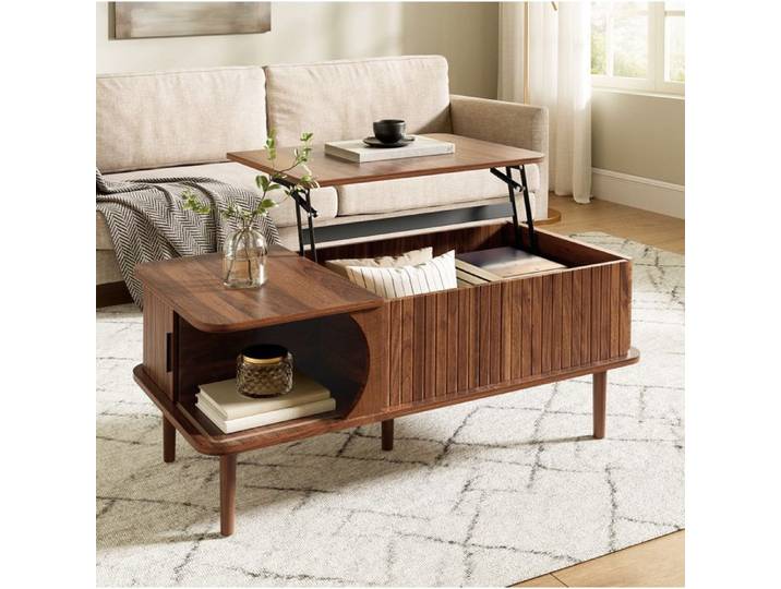 WUVRIE Table basse relevable style rétro moderne couleur noyer rainures verticales portes coulissantes