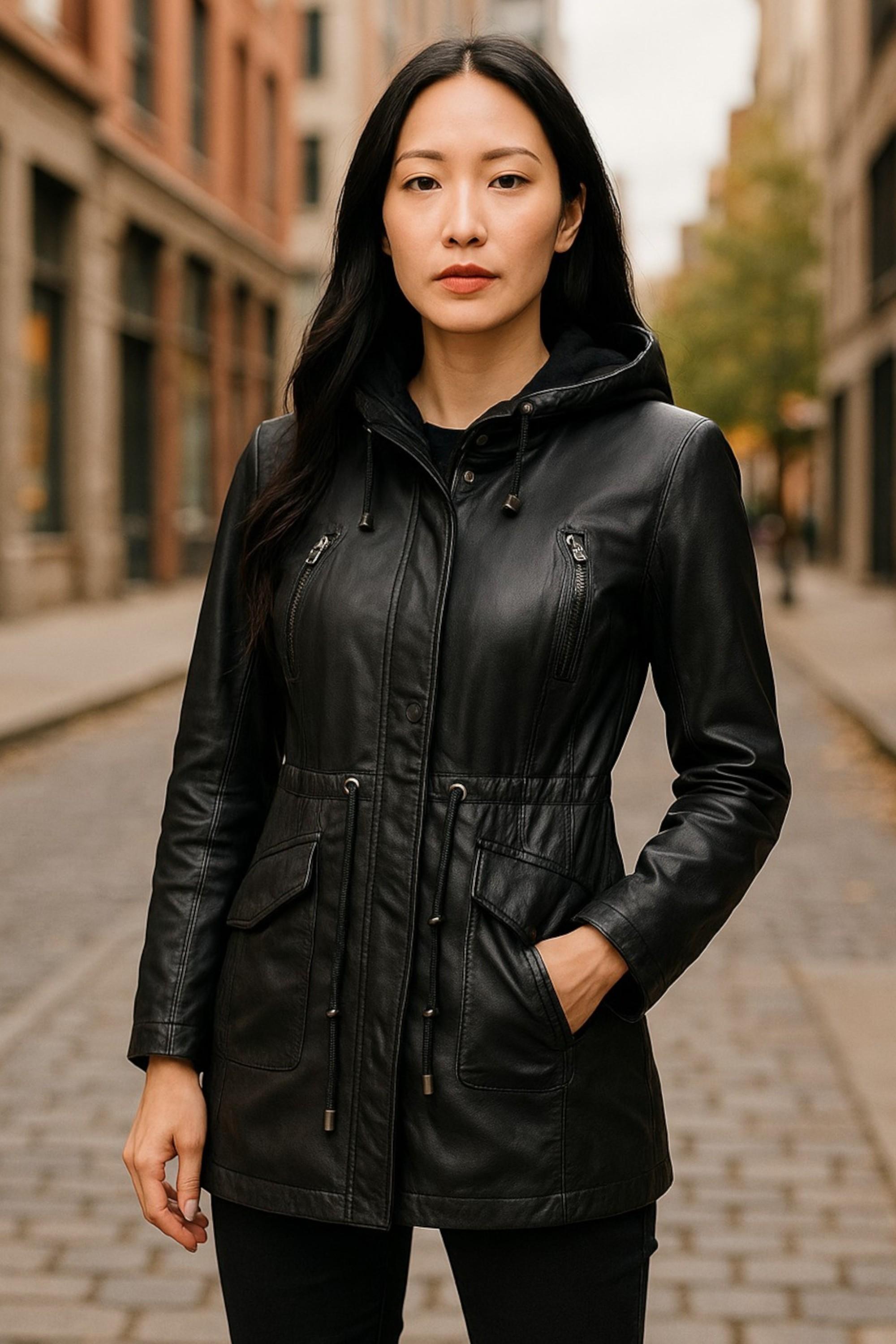 Schwarze Parkajacke aus Leder mit Kapuze für Damen – Clare