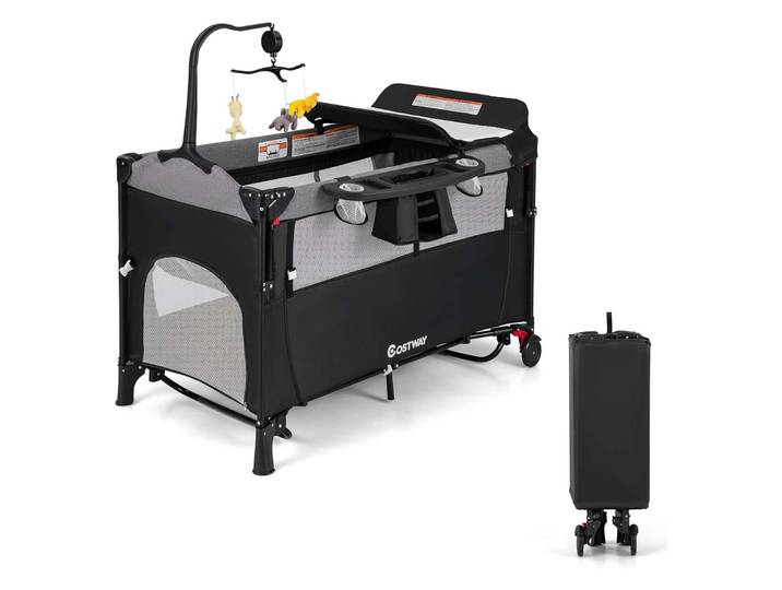 Lit bébé 5 en 1 120 x 60 cm, lit de voyage 2 niveaux avec matelas, matelas à langer, jouets, boîte à musique et sac de transport, côté pliable