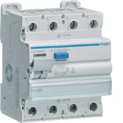 HAGER FI-Schutzschalter A 4p 400V 40A CDA640D 0,03A 4TE REG 10kA 3kA/stoß