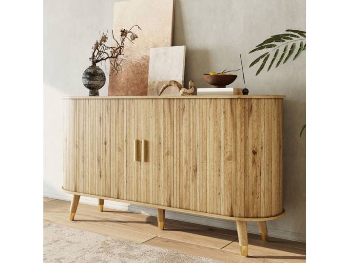 Buffet bas AESVAR aspect bois MDF 2 tiroirs portes coulissantes pieds en bois massif naturel