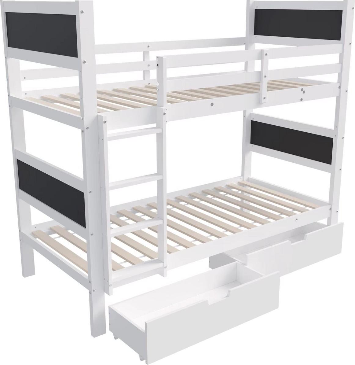 Bolt Edge Kinder-Etagenbett 90×200cm - Massives Kiefernholz - Mit Schublade & Tafelflächen - Mit Schutzgitter & Ecktreppe - Weiß - Stapelbett für Kinder