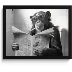 POSTER MIT RAHMEN Affe - WC - Zeitung - Schwarz-Weiß - Humor 40x30 cm