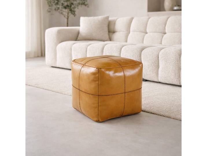 Pouf carré vintage en cuir véritable