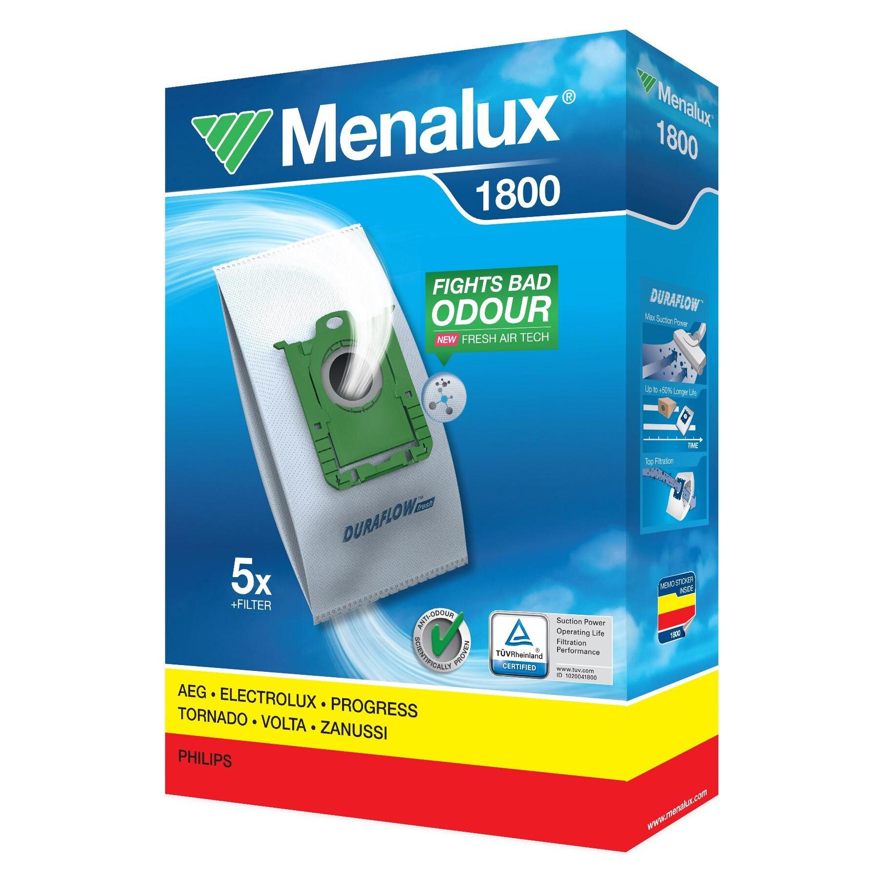 Menalux 1800, 5 Vacuum Cleaner Bags, Duraflow Fresh with Anti-Odour, Suitable for s-Bag, UltraSilenc (5x) (1800)