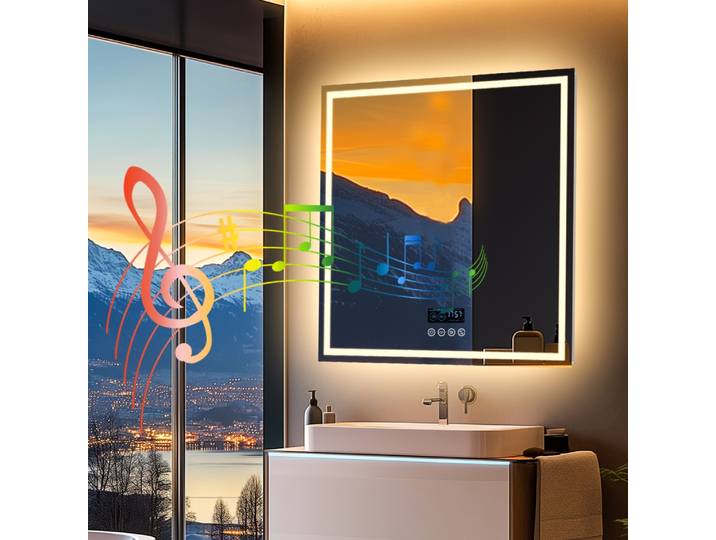 HOMirror-Miroir mural carré LED avec affichage de l'heure et de la température, rétroéclairage avant, mémoire anti-buée, Bluetooth, 3 couleurs, 800mm