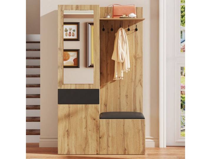 Ensemble de garde-robe avec miroir - 5 crochets de garde-robe - armoire à chaussures - Vestiaire d'entrée - Meuble d'entrée