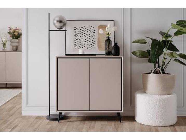 möbelando Kommode >Arona< 2 Türen, 2 Böden, in Sand/Schwarz - 90x90x38cm (BxHxT)